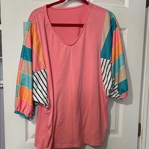 SHEIN Pink Blouse with Colorful Striped Sleeves